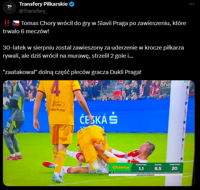 ''FAUL'' piłkarza Slavii w meczu z Duklą xD